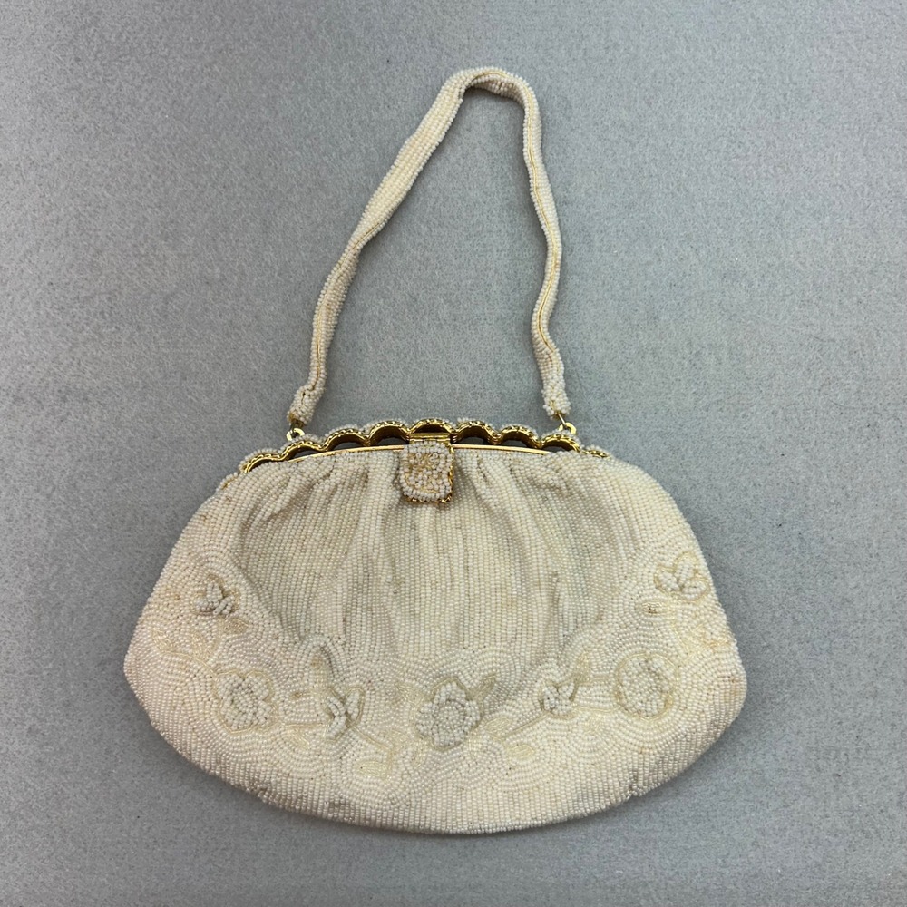 Vintage La Regale Beaded Evening Bag Cream Floral Seed Bead Clutch Gold Frame